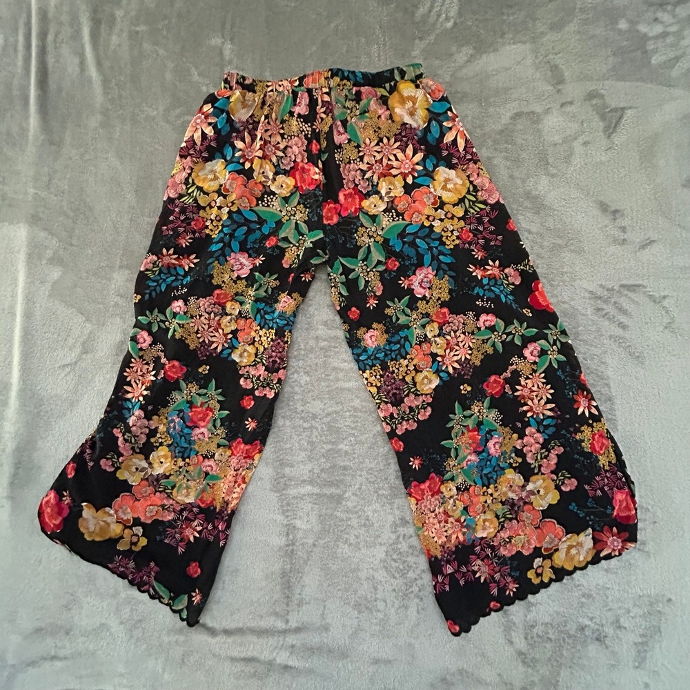 Johnny Was Womens L Floral Wide Leg Pants Open Side Scalloped Hem Boho - Picture 6 of 12